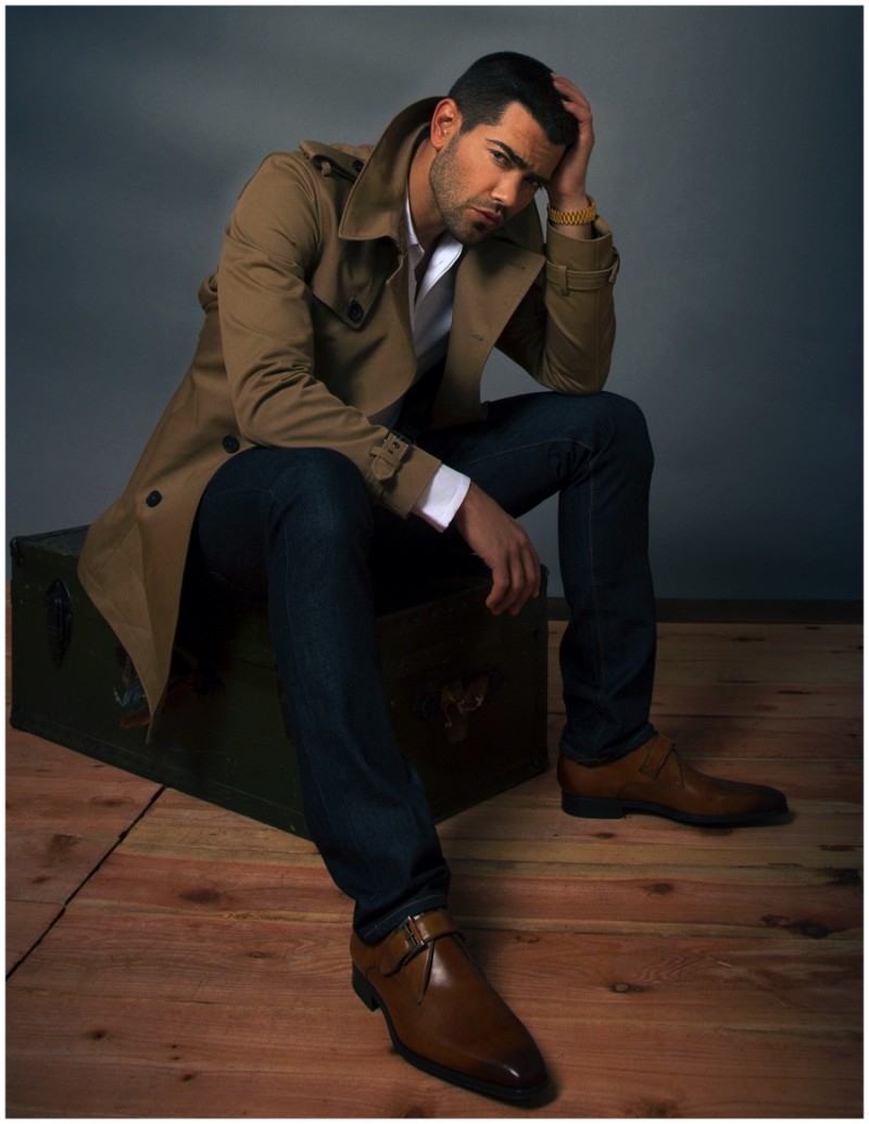 Jesse Metcalfe rocks a trench from The Kooples.