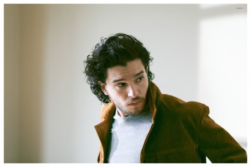 Kit Harington wears suede jacket Sandro and t-shirt Officine Generale.