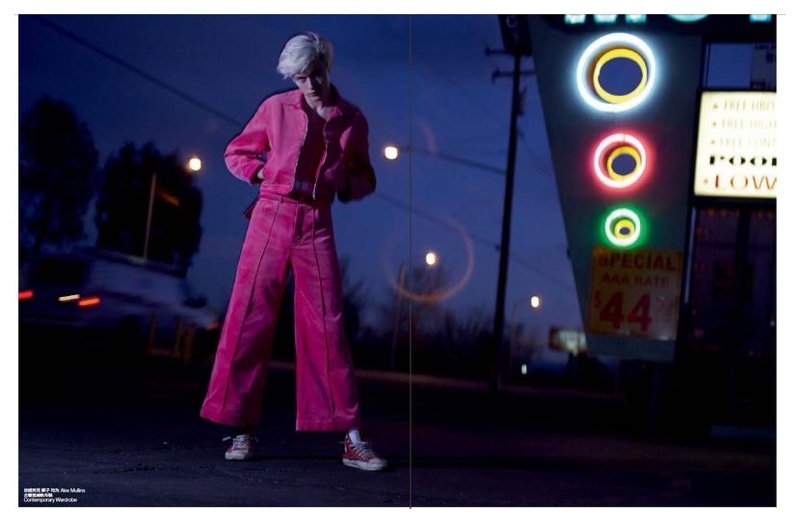 Lucky Blue Smith has a colorful moment in a flared trouser ensemble.