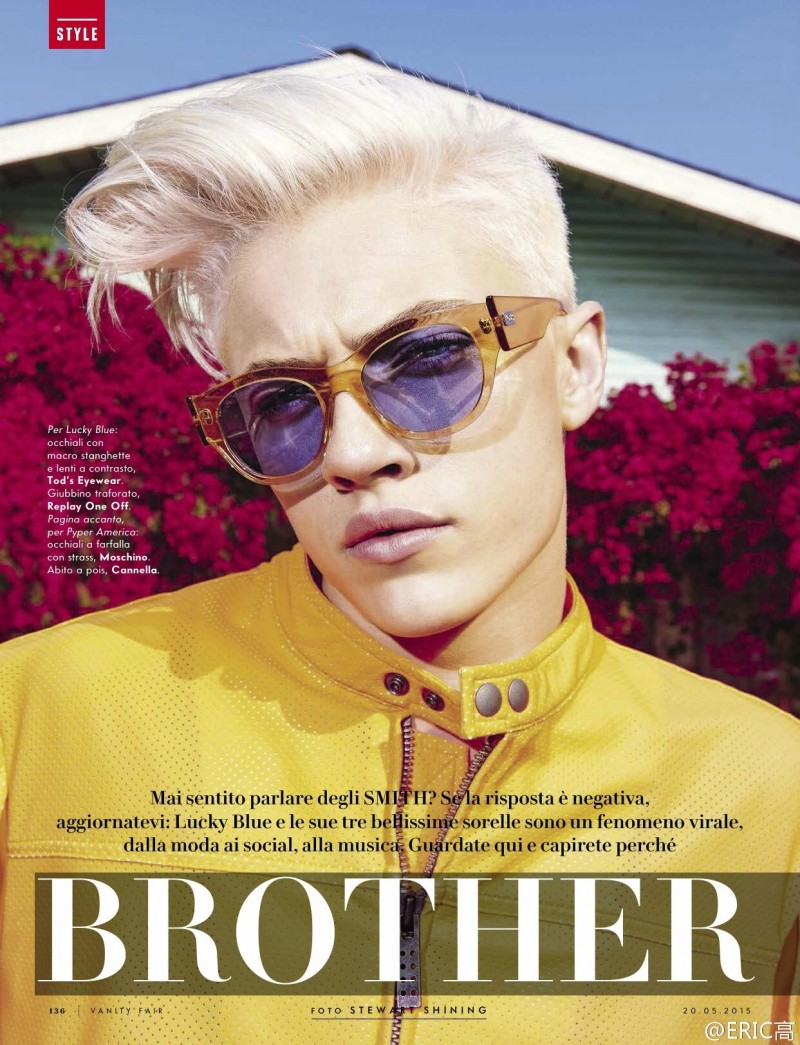 Lucky Blue Smith offers a sunny burst of color in a Replay One Off jacket with Tod's Eyewear sunglasses.
