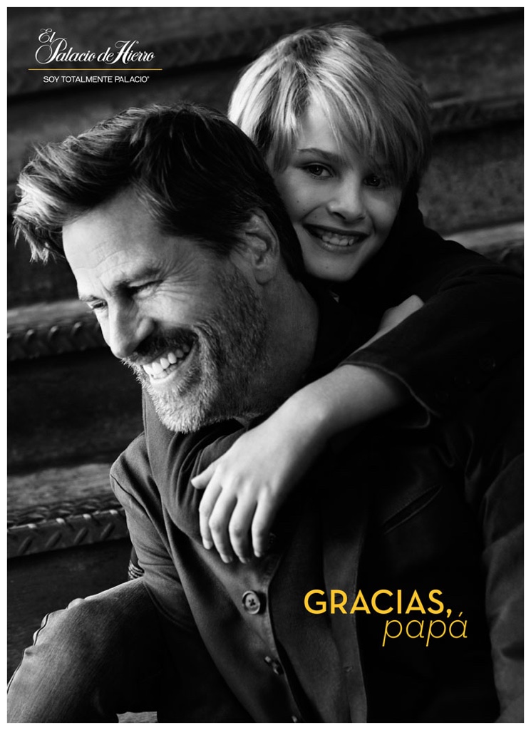 Mark Vanderloo and his son pose for the latest images from El Palacio De Hierro.