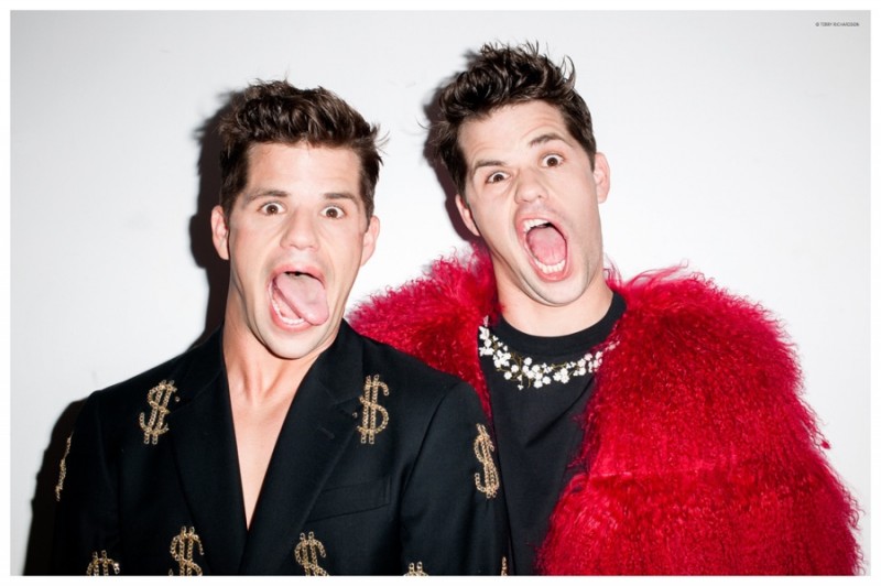 Max and Charlie Carver go splashy in bling inspired outfits.