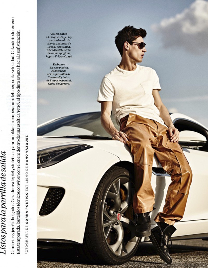 Nicolas takes a rest in brown leather pants from Trussardi.