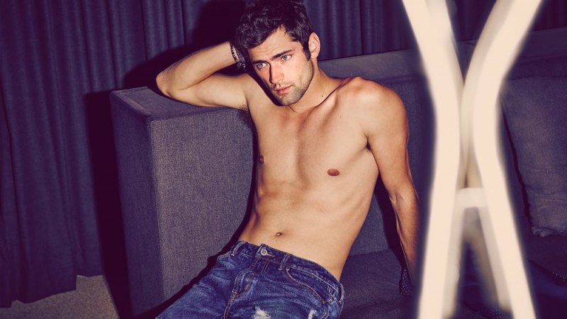 Sean O'Pry goes shirtless for the shoot, rocking a pair of blue jeans.