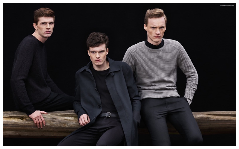 Left to Right: Thom wears sweater  and jeans. SAMSØE & SAMSØE. Hidde wears t-shirt ASOS, trench Hope, trousers and leather belt Weekday. Benno wears shirt Weekday and sweater Filippa K.