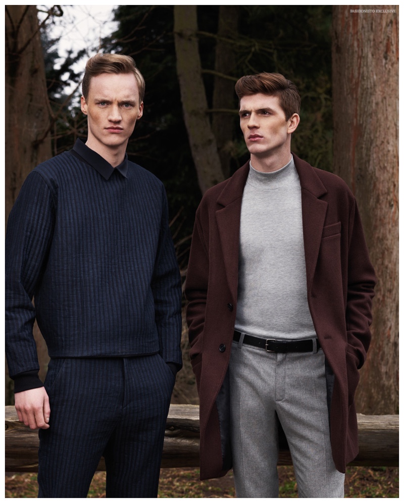 Left to Right: Benno wears shirt Tony Cohen, sweater and trousers Avelon. Thom wears coat ASOS, leather belt Tommy Hilfiger, turtleneck and trousers SAMSØE & SAMSØE.
