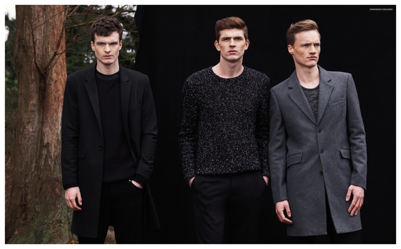 Left to Right: Hidde wears t-shirt H&M, sweater SAMSØE & SAMSØE, coat ASOS and black jeans Weekday. Thom wears sweater SAMSØE & SAMSØE and trousers ASOS. Benno wears t-shirt Weekday, leather belt Tommy Hilfiger, coat and trousers ASOS.