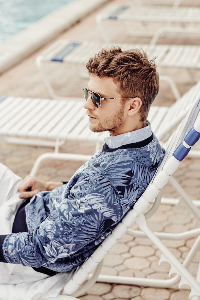 Benjamin models shades and a trendy pullover.