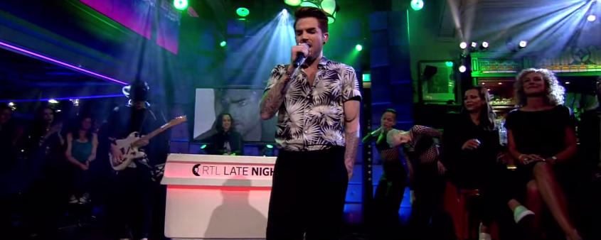Adam Lambert RTL Late Night Ghost Town Performance MSGM Tropical Palm Print Short Sleeve Black White Shirt