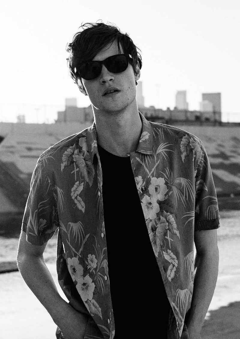 Model Matthew Hitt reunites with AllSaints for its June 2015 men's lookbook.