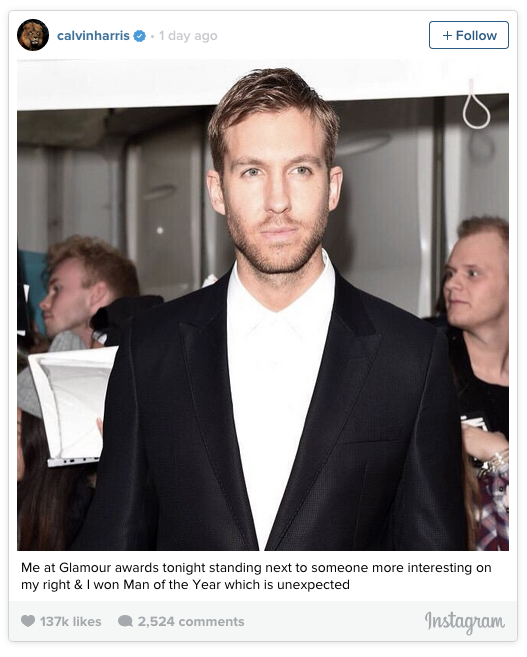 Calvin Harris posts about his award on Instagram.
