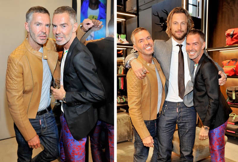 Dsquared2 designers Dan and Dean Caten pose with Gabriel Aubry.