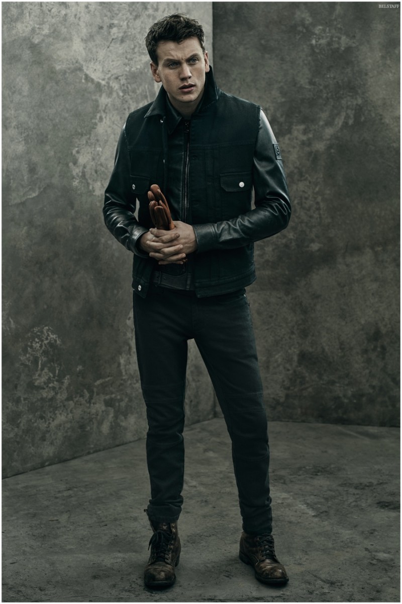 Sid wears Beckham for Belstaff Ryde Jacket, Bosworth Vest, Fornham T-Shirt, Harpton Denim and Gipson Gloves.