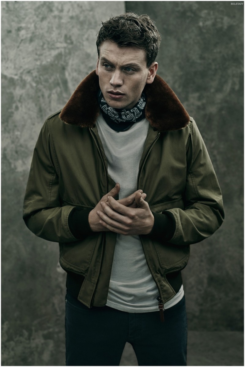 Sid wears Beckham for Belstaff Moore Bomber, Fornham T-Shirt, Harpton Denim and Eastley Bandana.