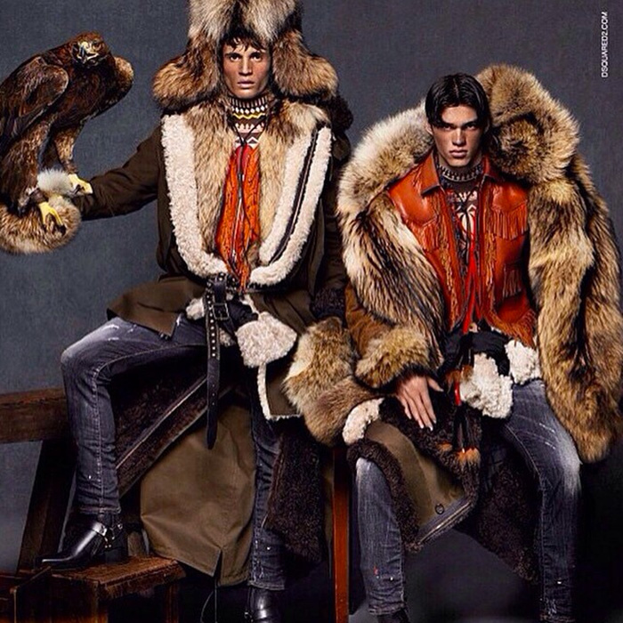Models Julian Schneyder and Filip Hrivnak strike a pose for Dsquared2 fall-winter 2015 advertising campaign.