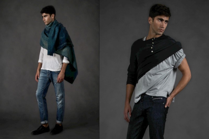 Left: Edward wears t-shirt James Perse, jeans Armani Jeans and vintage scarf stylist's own. Right: Edward wears henley Shades of Grey, t-shirt Topman and jeans Naked & Famous.