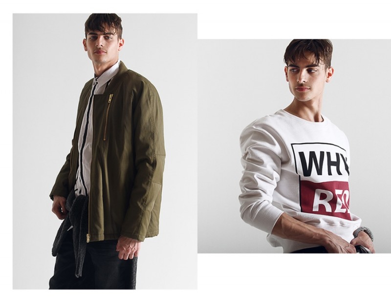 Left: Russell wears sweater around waist Vince, jeans Theory, striped button-down shirt and bomber jacket Whyred. Right: Russell wears pullover Whyred