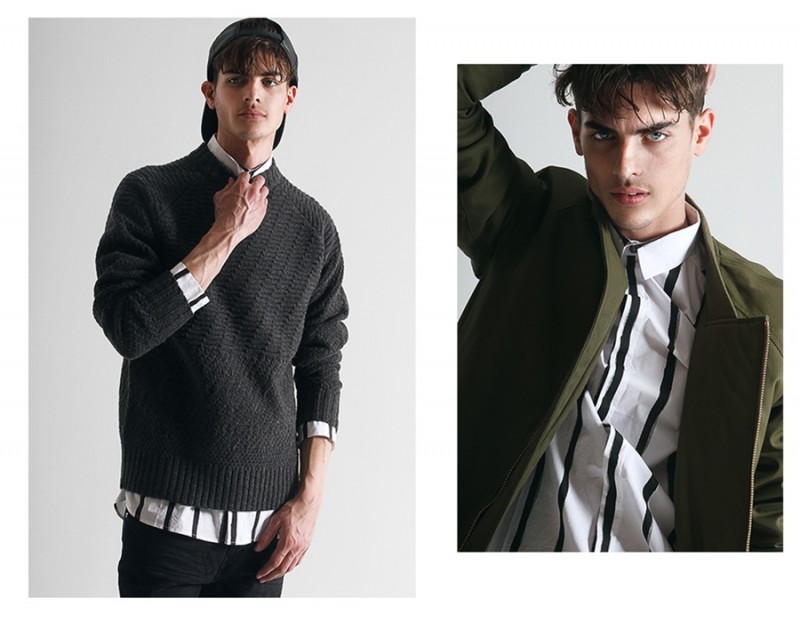 Left: Russell wears sweater Vince, striped button-down shirt Whyred, jeans Theory and hat Y-3. Right: Russell striped button-down shirt and bomber jacket Whyred.