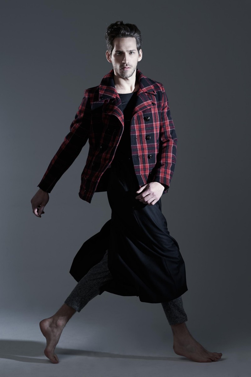 Jonathan wears vintage dress Archivi Mazzini, tartan jacket and trousers Department 5. 