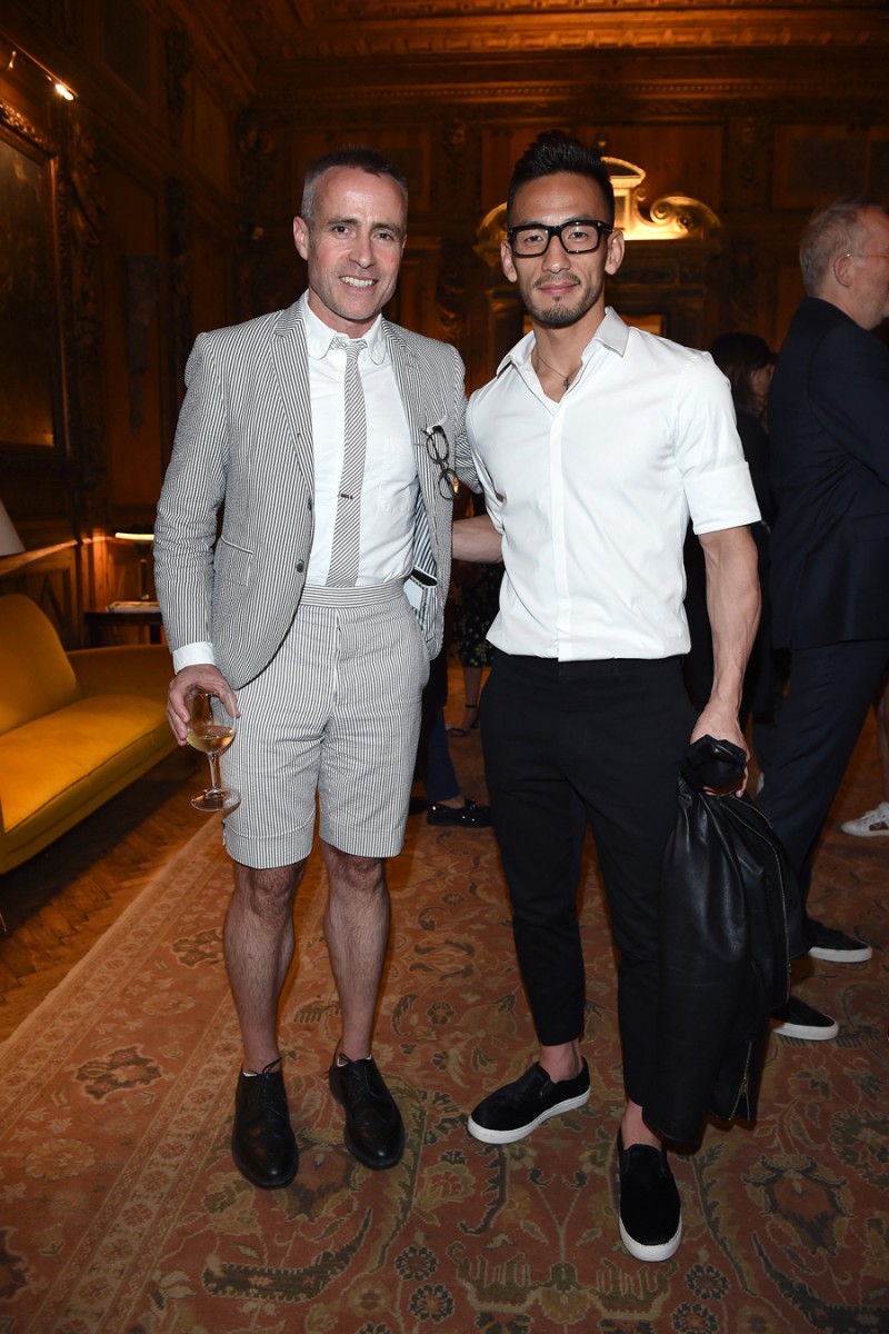 MILAN, ITALY - JUNE 20: Thom Browne and Hidetoshi Nakata attend GQ Party for Jim Moore during Milan Menswear Fashion Week Spring/Summer 2016 at Casa Degli Atellani on June 20, 2015 in Milan, Italy.  (Photo by Jacopo Raule/Getty Images for GQ)