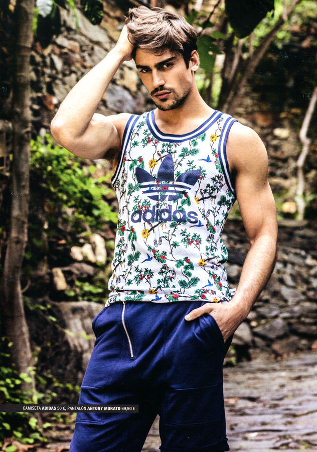 Ignacio is playful in a printed Adidas tank.