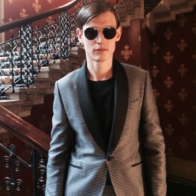 Adam Butcher (@IMG London) poses for a photo at Hardy Amies' spring-summer 2016 show.