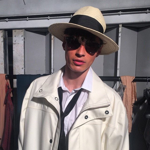 Adrien Sahores (Models1) plays it cool at Tiger of Sweden's spring-summer 2016 show.