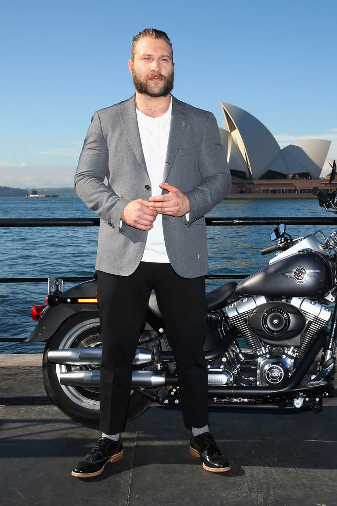 Jai Courtney is all about black, gray and white for a Terminator Genisys photocall in Sydney.