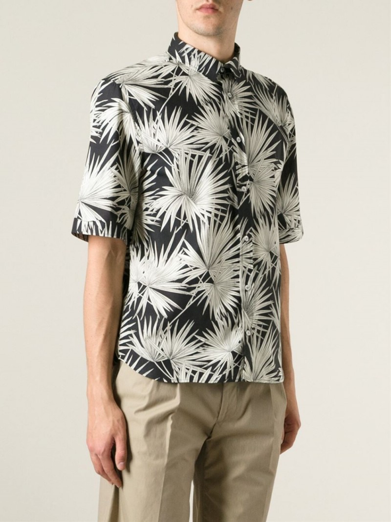 MSGM Black & White Tropical Palm Print Short-Sleeve Shirt