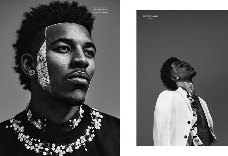 Nick Young poses in a Givenchy floral print look (pictured left).