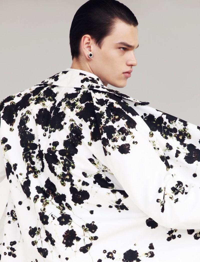 Filip Hrivnak shows off Givenchy's dark take on the popular floral print.