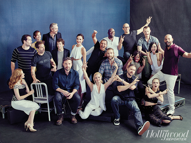 The casts of Batman v Superman and Suicide Squad pose for a cheeky image.