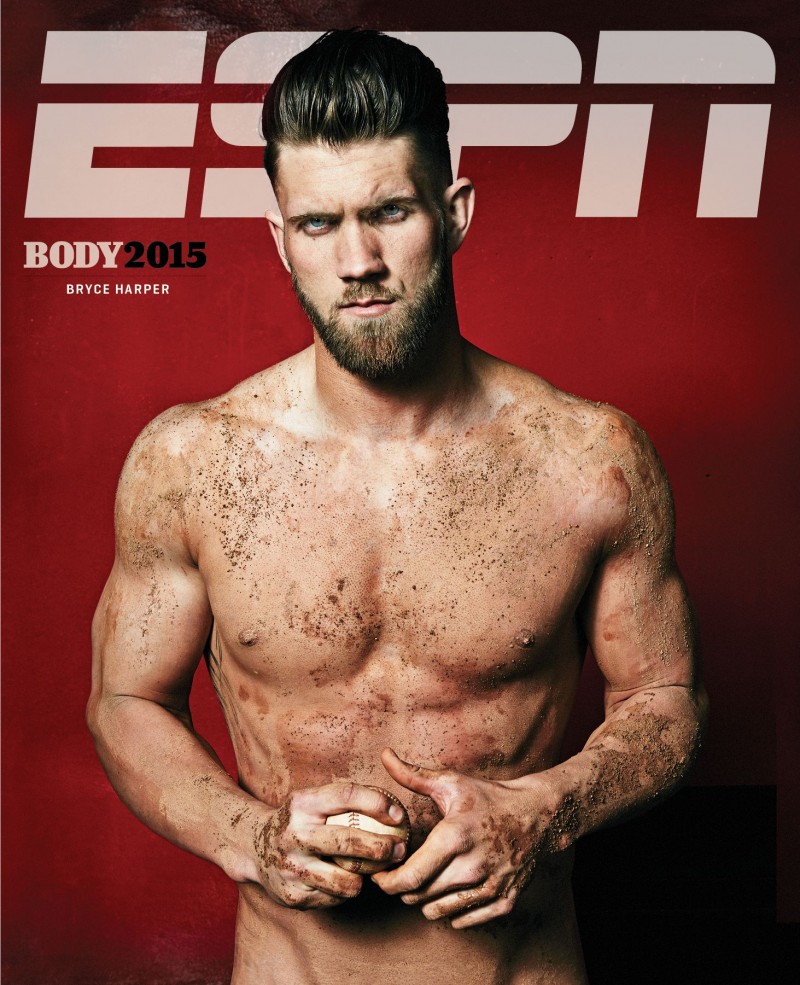 Going nude, Bryce Harper covers ESPN magazine's 2015 Body Issue.