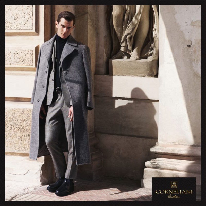 Vincent LaCrocq is chic in a gray overcoat and suit for Corneliani Fall/Winter 2015 Menswear Campaign