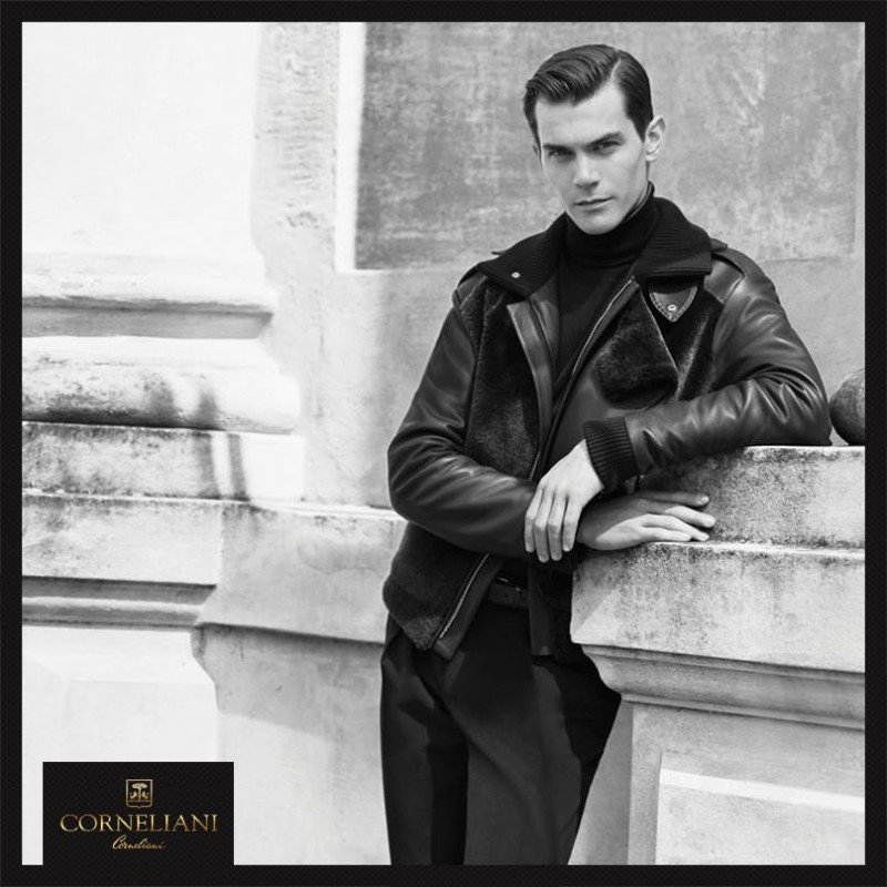 French model Vincent LaCrocq dons a leather jacket for Corneliani Fall/Winter 2015 Menswear Campaign