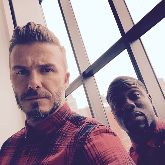 David Beckham Kevin Hart Matching Red Tartan Shirts 2015 Picture 001