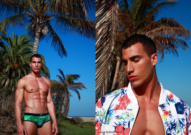 Alex wears swimsuit XTG and tropical print bomber jacket RUMJUNGLE.