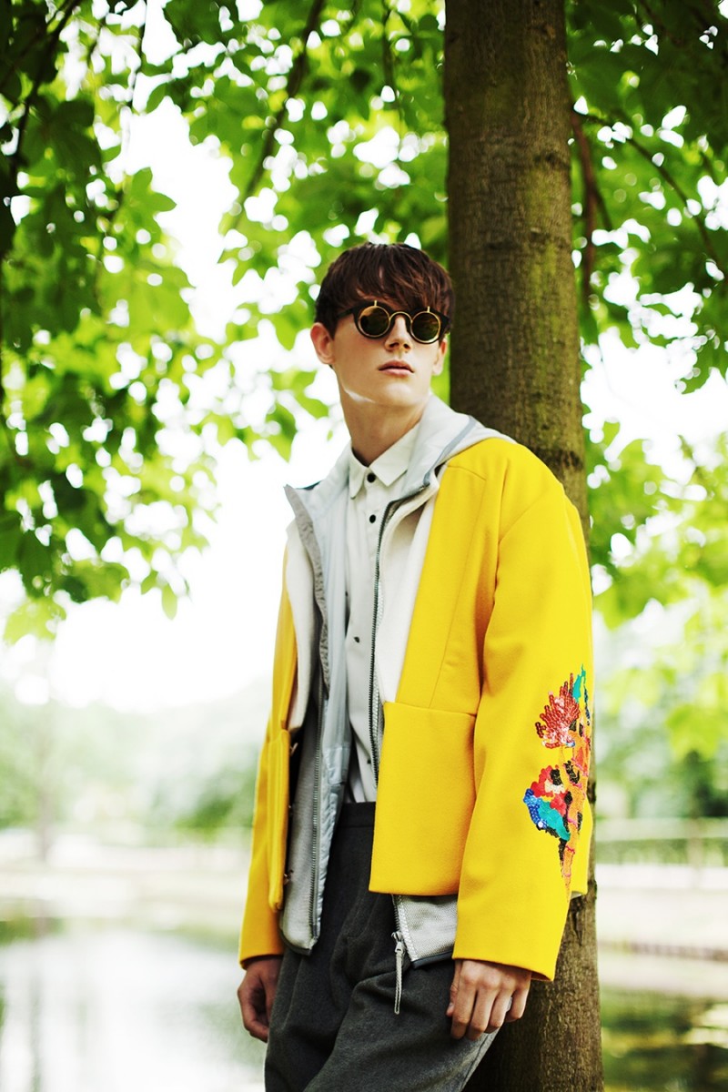 Callum wears yellow jacket Tosca Wyss by Blank Etiquette, jacket worn underneath Prada, shirt Cheap Monday and pants Hien Le.