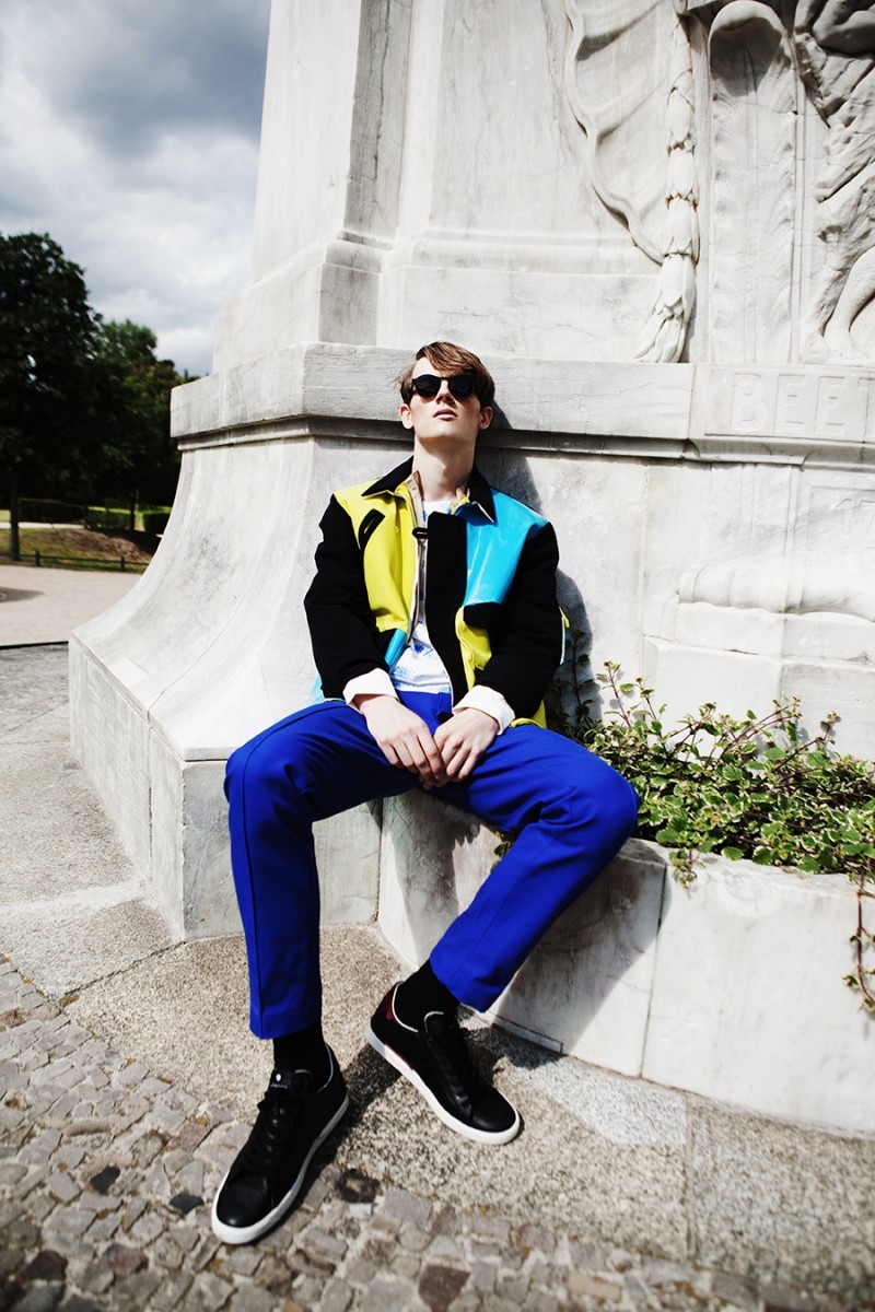 Callum wears jacket worn underneath Prada, jacket Tosca Wyss by Blank Etiquette, shoes Bjorn Borg, shirt and pants Hien Le.