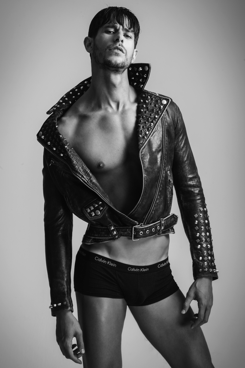 Felipe wears leather jacket Diesel and underwear Calvin Klein.