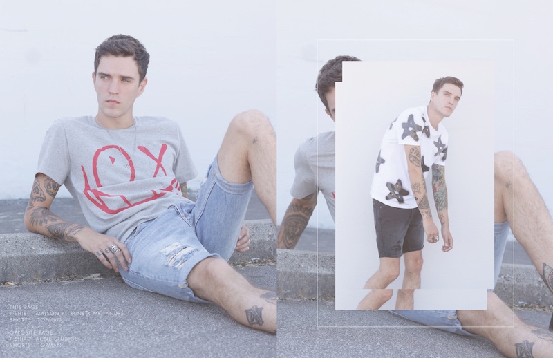 Left: Josh wears t-shirt Maison Kitsuné x Mr. André and shorts Topman. Right: Josh wears t-shirt Acne Studios and shorts Topman.