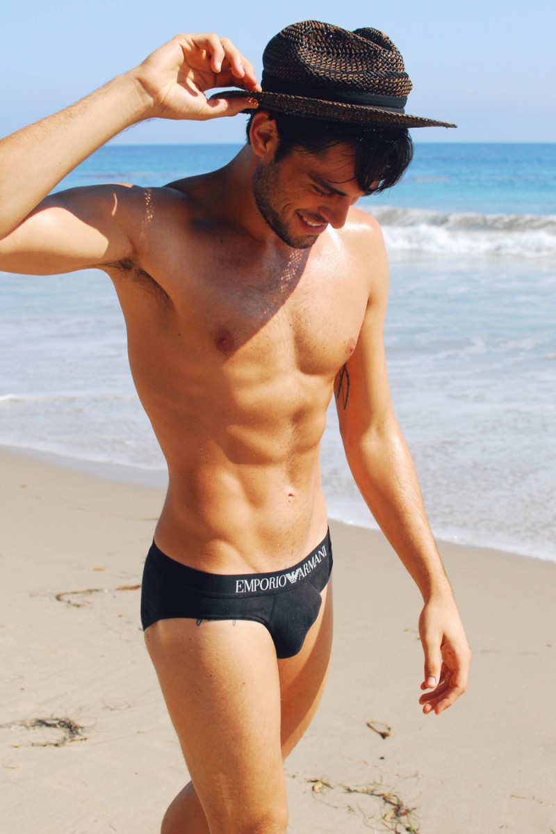 Lucas wears underwear Emporio Armani and hat Zara.