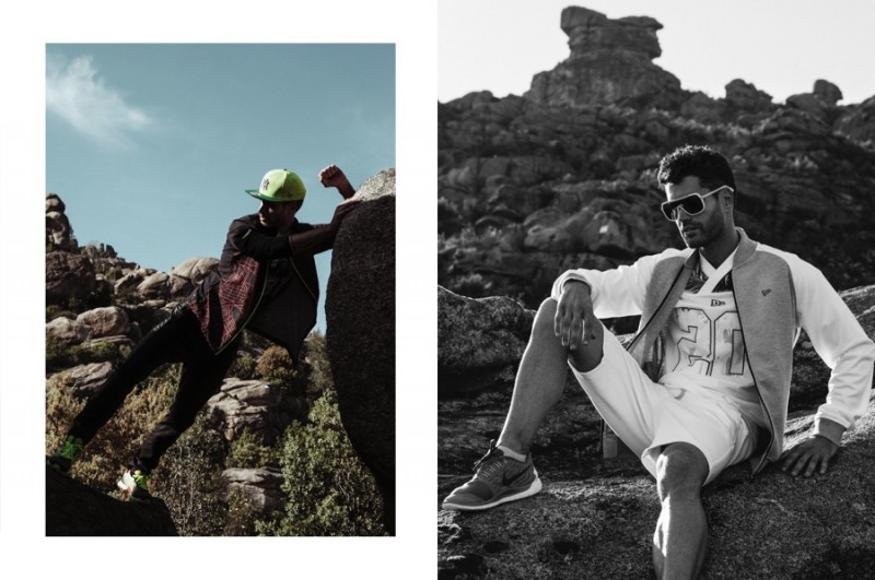 Left to Right: Pedro wears cap New Era, pants Antony Morato, jacket, t-shirt and sneakers Reebok. Pedro wears all clothes New Era, sneakers NIKE and sunglasses Marc Jacobs for Safilo.