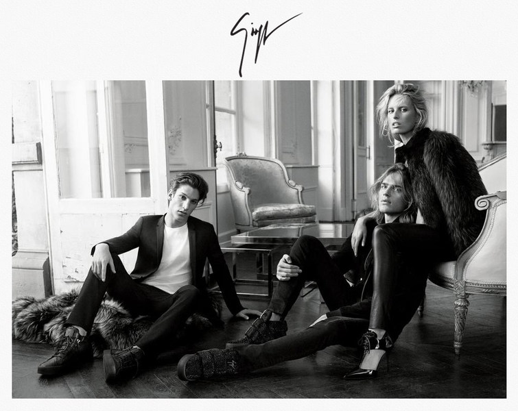 Guiseppe Zanotti fall-winter 2015 advertising campaign featuring models Iasonas Laios, Karolina Kurkova and Ton Heukels