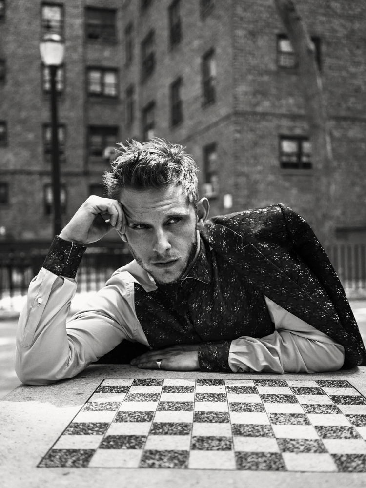 Jamie Bell dons Valentino shirt and suit for Interview photo shoot.