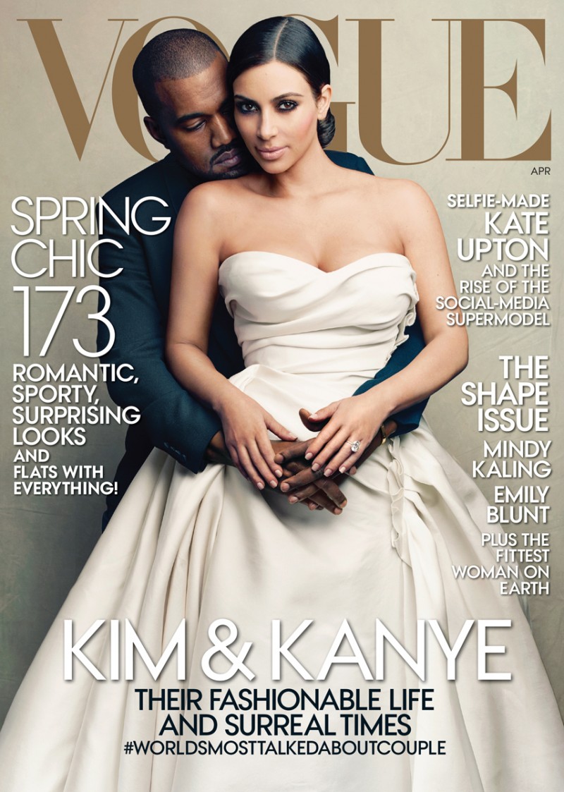 Kanye West covers Vogue's April 2014 issue with his now wife Kim Kardashian.