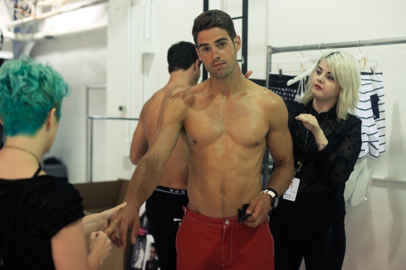 Model Chad White gets a manicure backstage at Nautica's spring-summer 2016 presentation.
