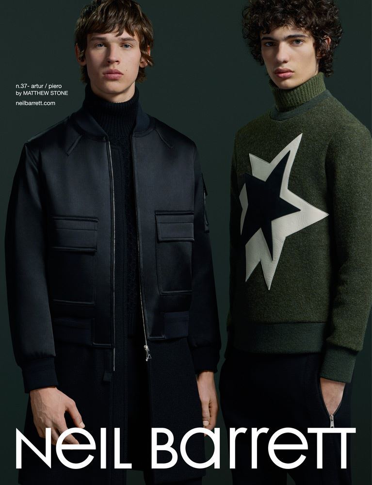 Models Artur Chruszcz and Piero Mendez for Neil Barrett fall-winter 2015 menswear campaign