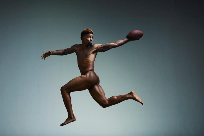Odell Beckham Jr. gets air as he leaps into action for a naked photo in ESPN's 2015 Body Issue.