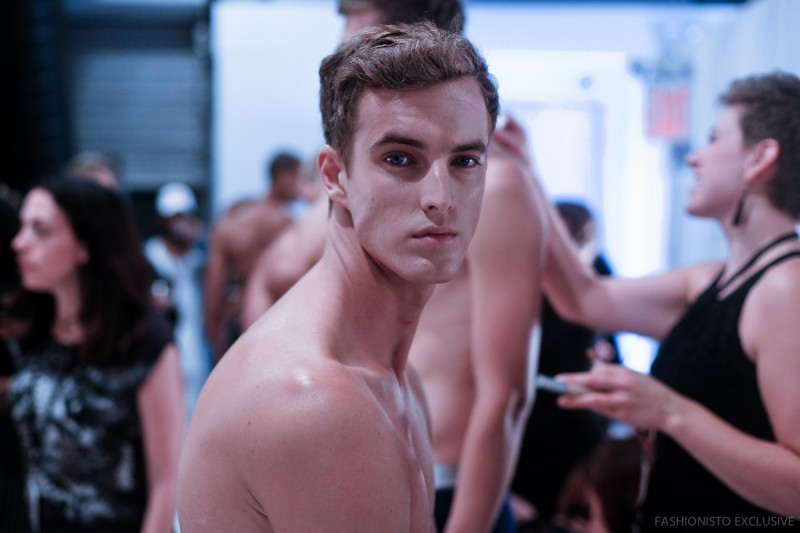 Model James Smith behind the scenes at Parke & Ronen Spring/Summer 2016 Menswear Show